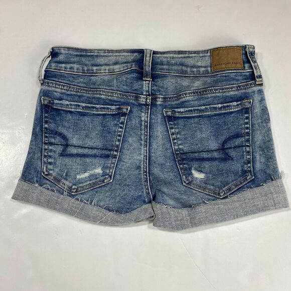 American Eagle Midi Shorts 2 Next Level Stretch Denim Blue Jean Distressed - Picture 2 of 10